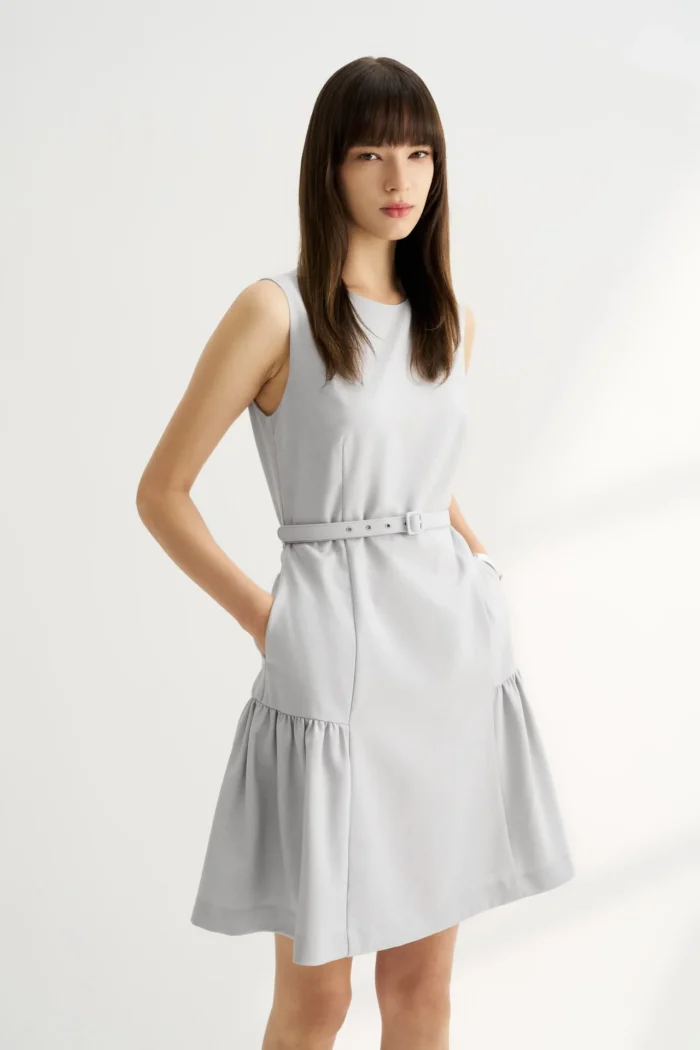 Round Neck Fit & Flare Work Dress with Fabric Belt - Image 6