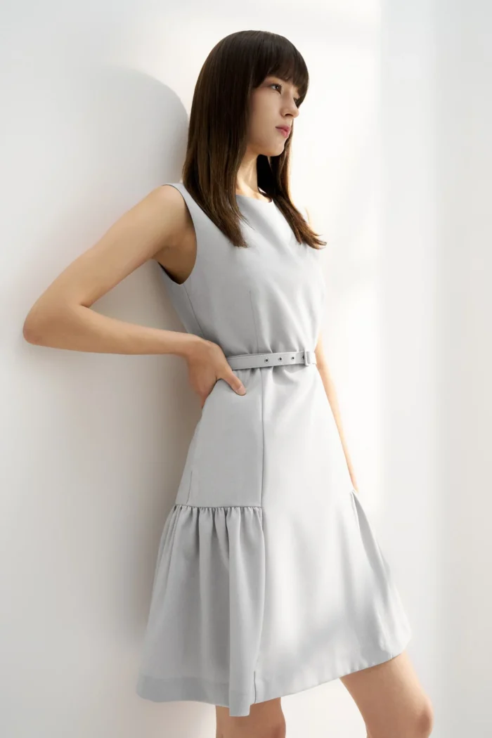Round Neck Fit & Flare Work Dress with Fabric Belt - Image 4