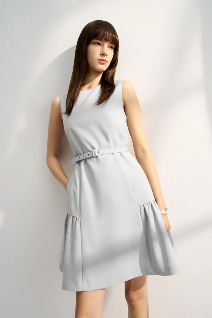 Round Neck Fit & Flare Work Dress with Fabric Belt - Image 2
